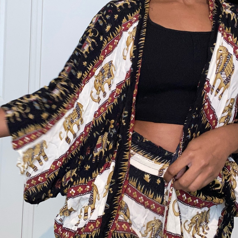 Elephant Print Kimono and Shorts Set